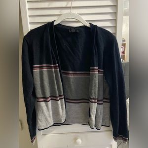 Blue and gray sweater with red stripes